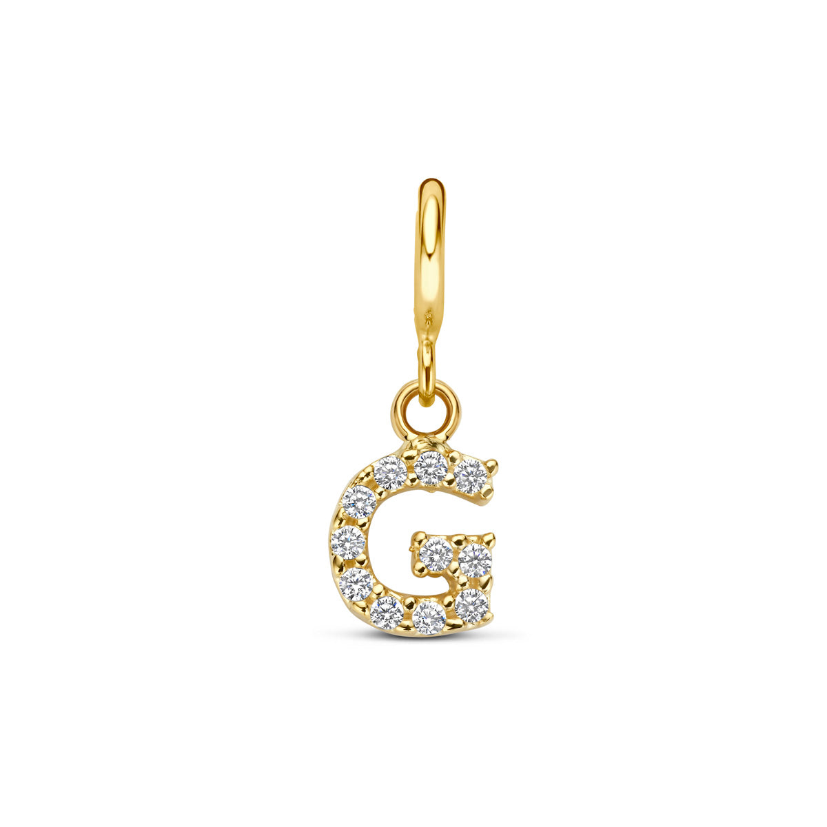 Letter bedel: vooraanzicht van de 9 karaat geelkleurige letter slotbedel met zirkonia, letter G.