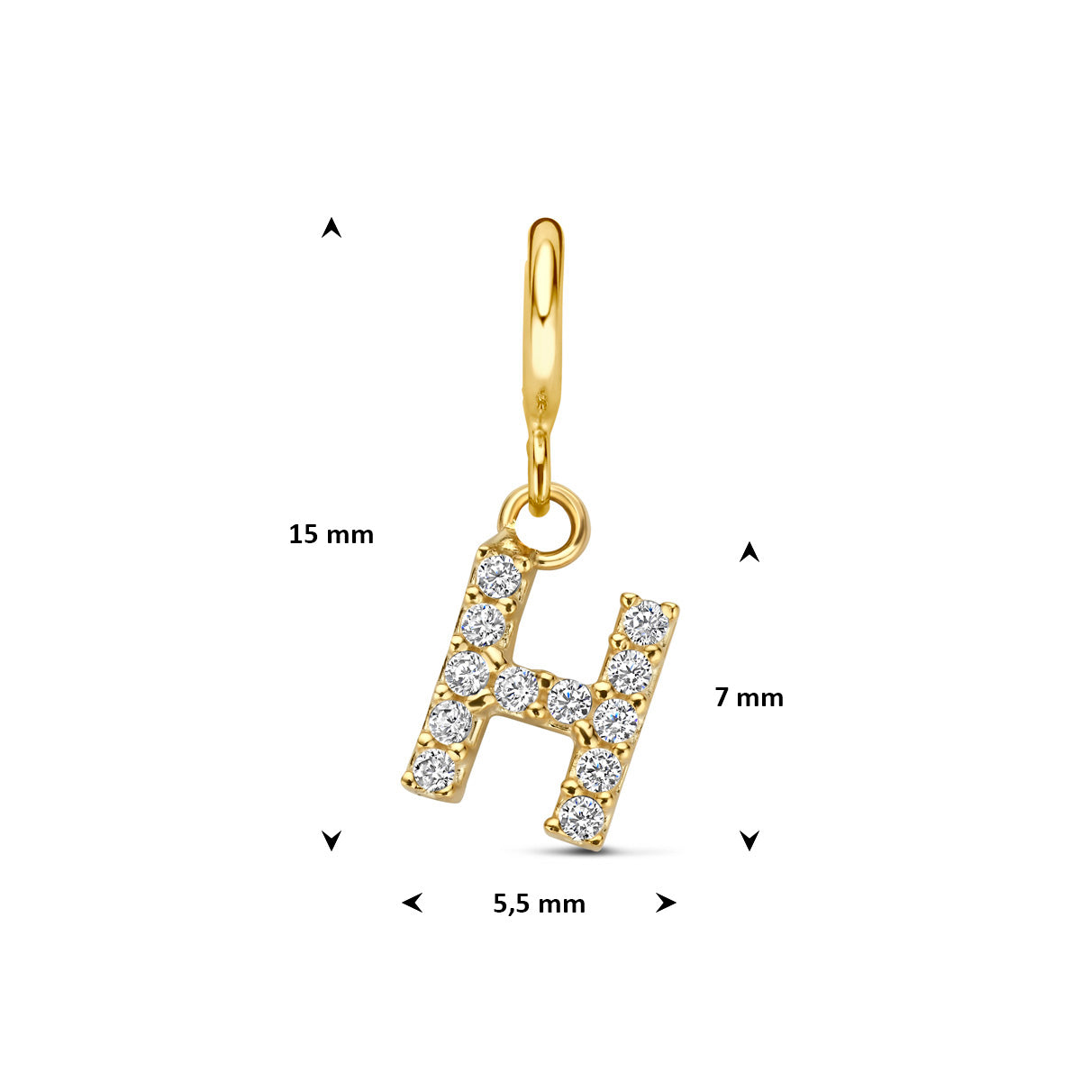 Letter bedel: afmetingen van de 9 karaat geelkleurige letter slotbedel met zirkonia, letter H, 15,0 mm hoog inclusief oog en 5,5 mm breed.