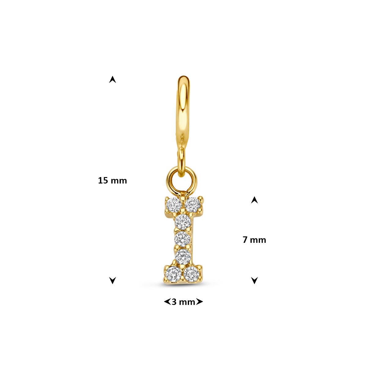 Letter bedel: afmetingen van de 9 karaat geelkleurige letter slotbedel met zirkonia, letter I, 15,0 mm hoog inclusief oog en 3,0 mm breed.