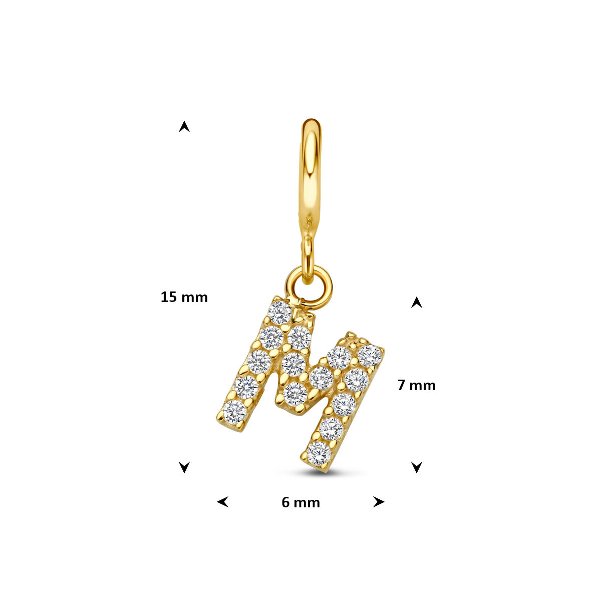 Letter bedel: afmetingen van de 9 karaat geelkleurige letter slotbedel met zirkonia, letter M, 15,0 mm hoog inclusief oog en 6,0 mm breed.