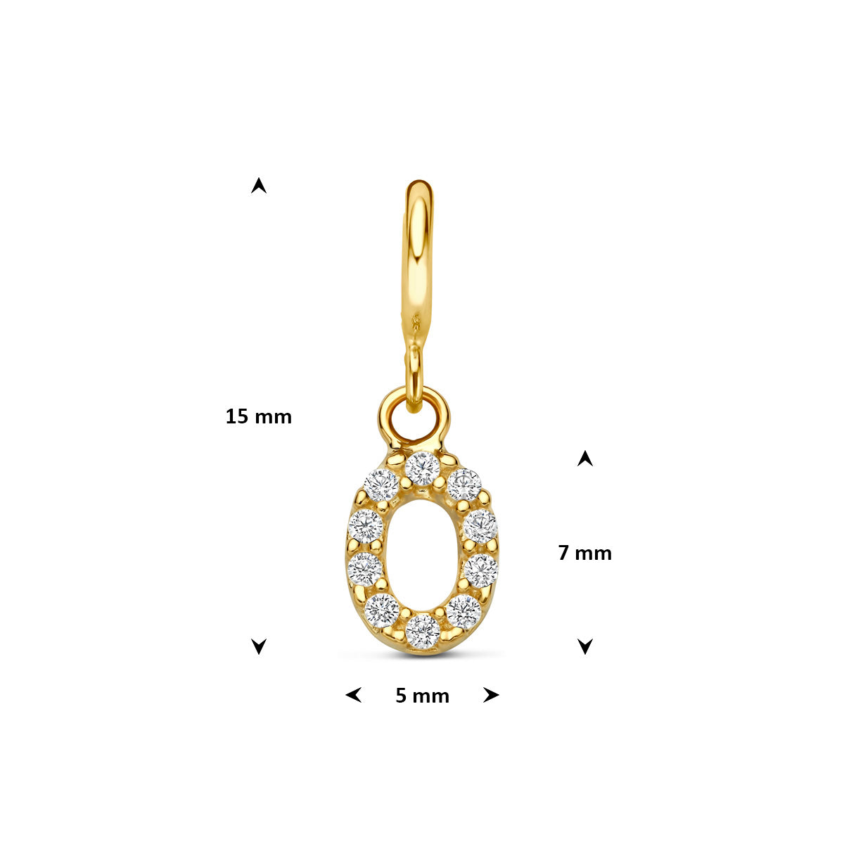 Letter bedel: afmetingen van de 9 karaat geelkleurige letter slotbedel met zirkonia, letter O, 15,0 mm hoog inclusief oog en 5,0 mm breed.