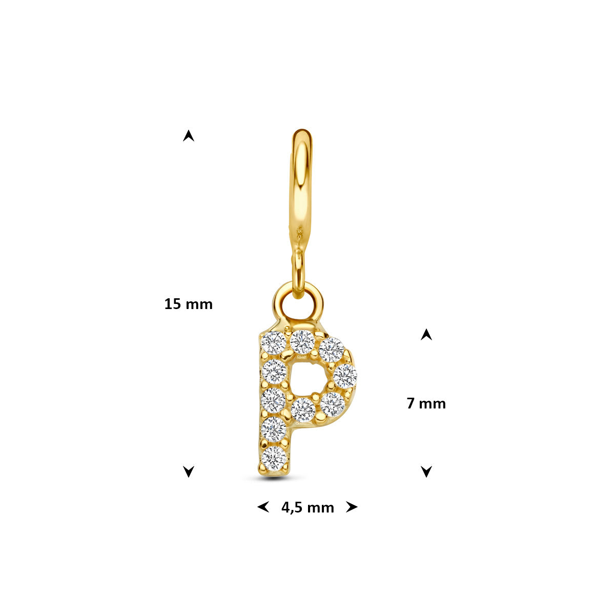 Letter bedel: afmetingen van de 9 karaat geelkleurige letter slotbedel met zirkonia, letter P, 15,0 mm hoog inclusief oog en 4,5 mm breed.