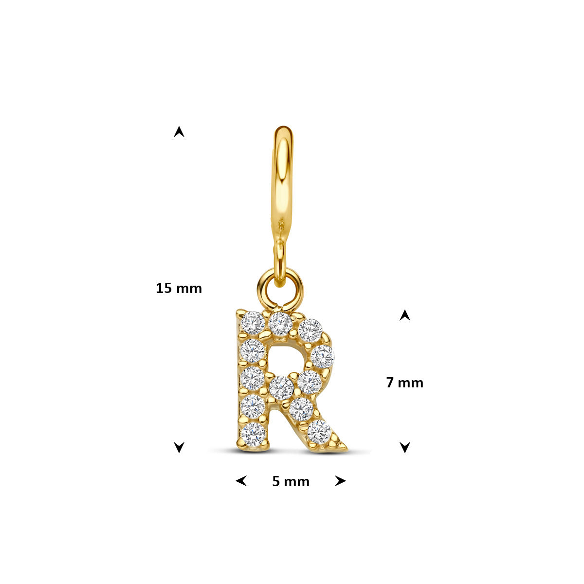 Letter bedel: afmetingen van de 9 karaat geelkleurige letter slotbedel met zirkonia, letter R, 15,0 mm hoog inclusief oog en 5,0 mm breed.