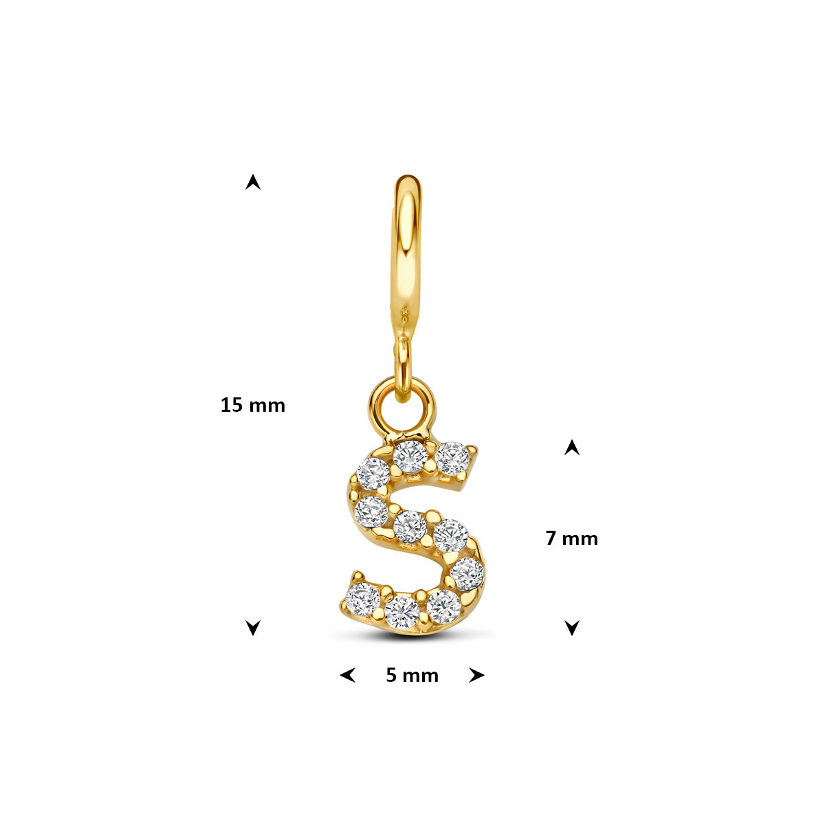 Letter bedel: afmetingen van de 9 karaat geelkleurige letter slotbedel met zirkonia, letter S, 15,0 mm hoog inclusief oog en 5,0 mm breed.