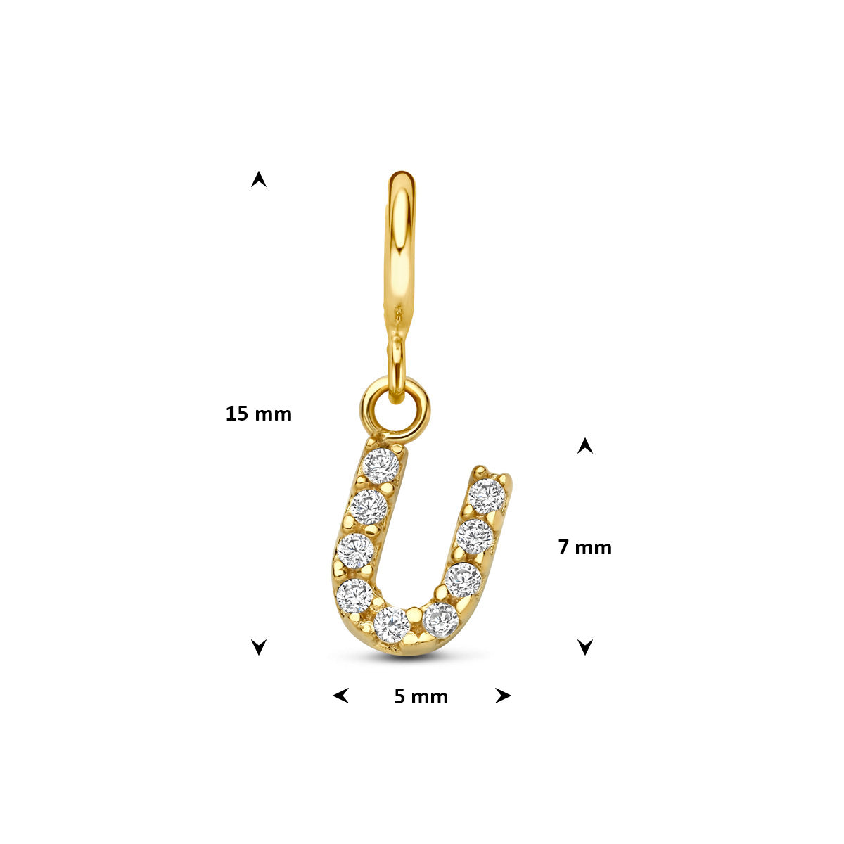 Letter bedel: afmetingen van de 9 karaat geelkleurige letter slotbedel met zirkonia, letter U, 15,0 mm hoog inclusief oog en 5,0 mm breed.