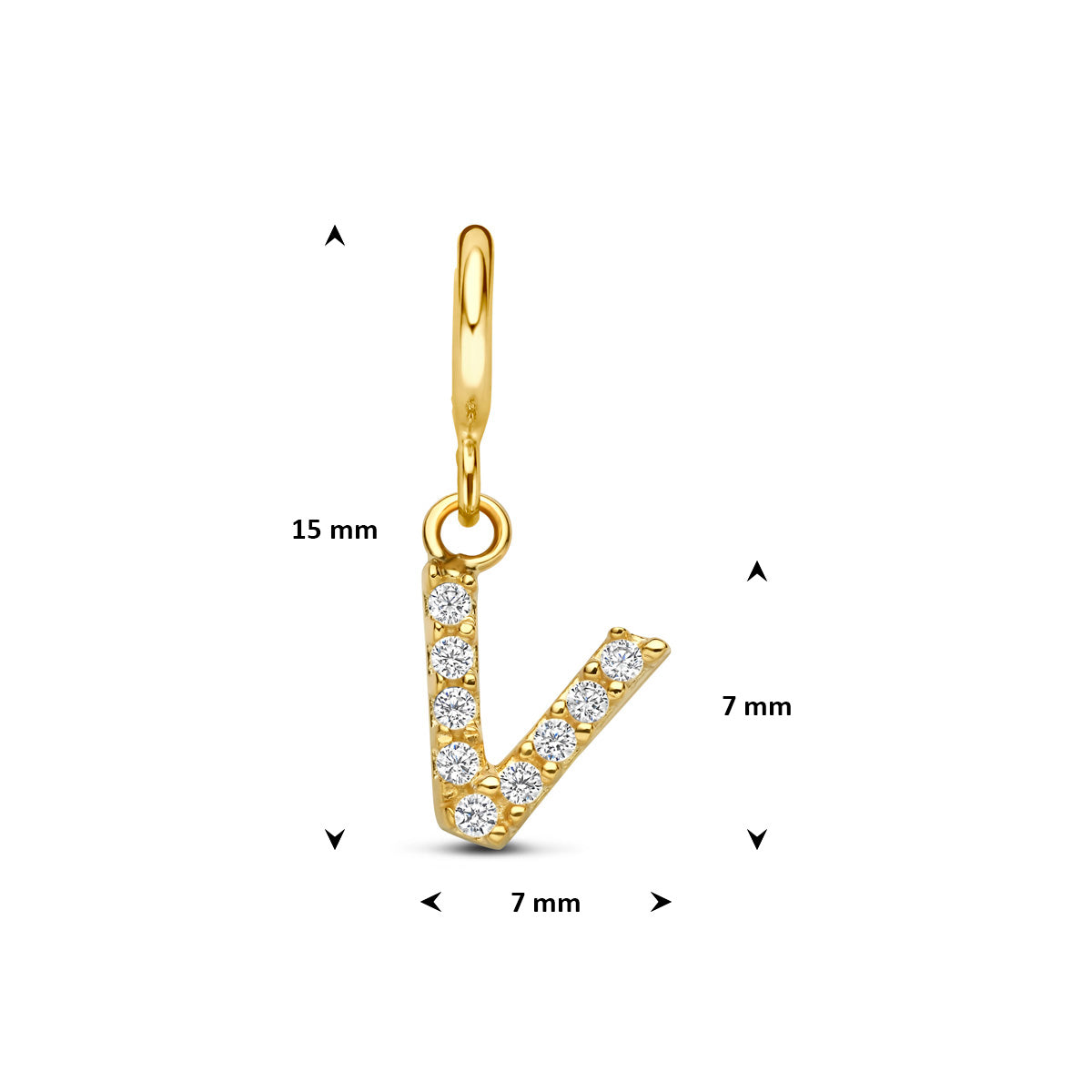 Letter bedel: afmetingen van de 9 karaat geelkleurige letter slotbedel met zirkonia, letter V, 15,0 mm hoog inclusief oog en 7,0 mm breed.