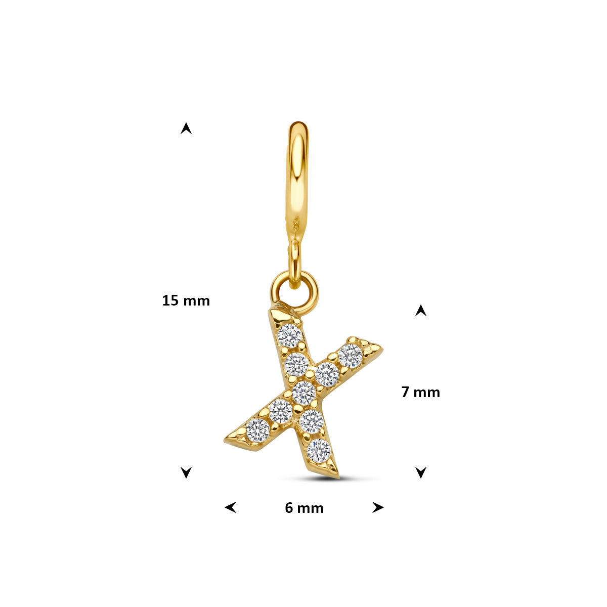 Letter bedel: afmetingen van de 9 karaat geelkleurige letter slotbedel met zirkonia, letter X, 15,0 mm hoog inclusief oog en 6,0 mm breed.