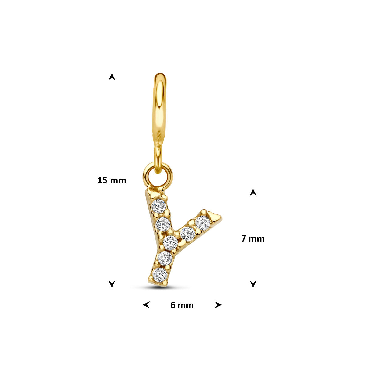 Letter bedel: afmetingen van de 9 karaat geelkleurige letter slotbedel met zirkonia, letter Y, 15,0 mm hoog inclusief oog en 6,0 mm breed.