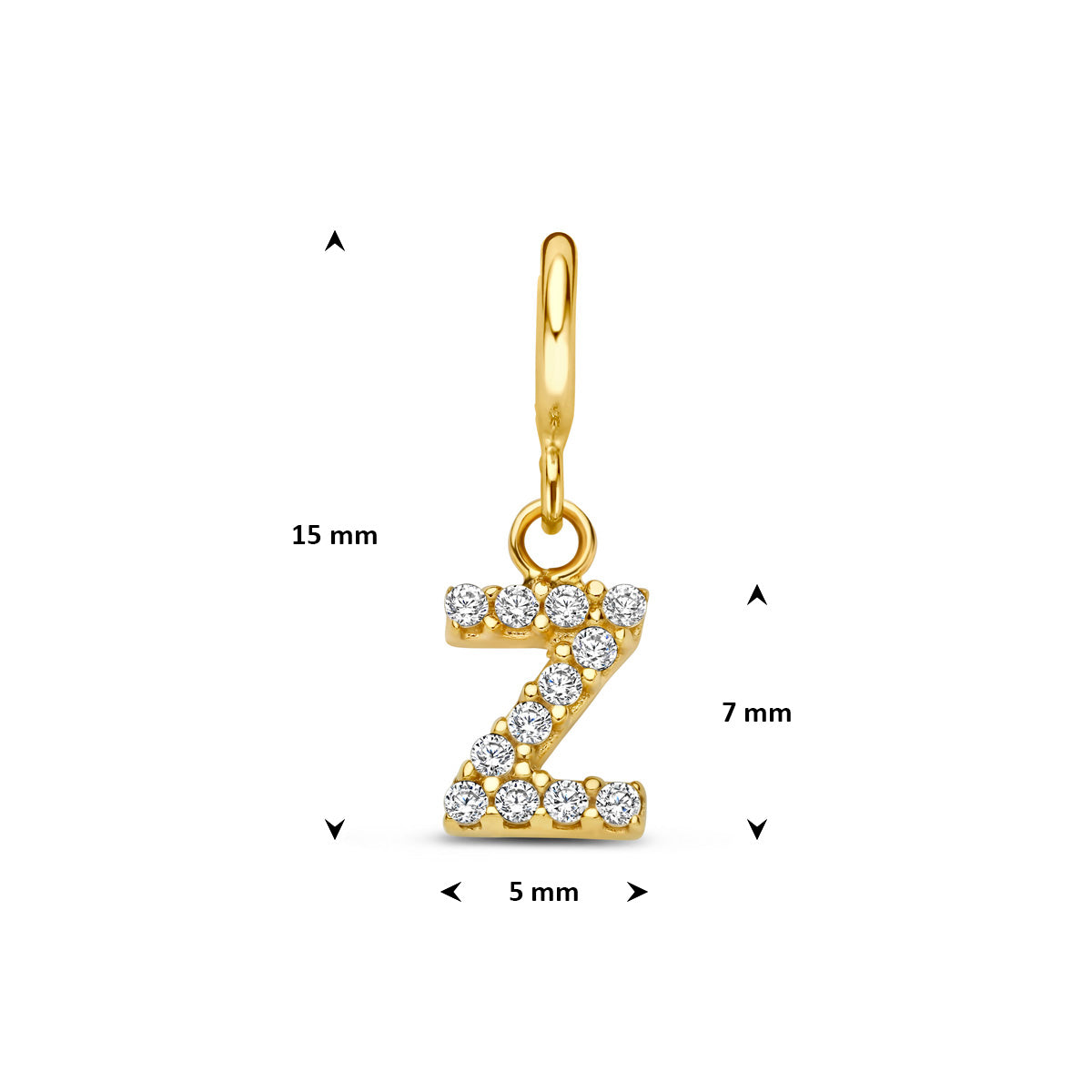 Letter bedel: afmetingen van de 9 karaat geelkleurige letter slotbedel met zirkonia, letter Z, 15,0 mm hoog inclusief oog en 5,0 mm breed.