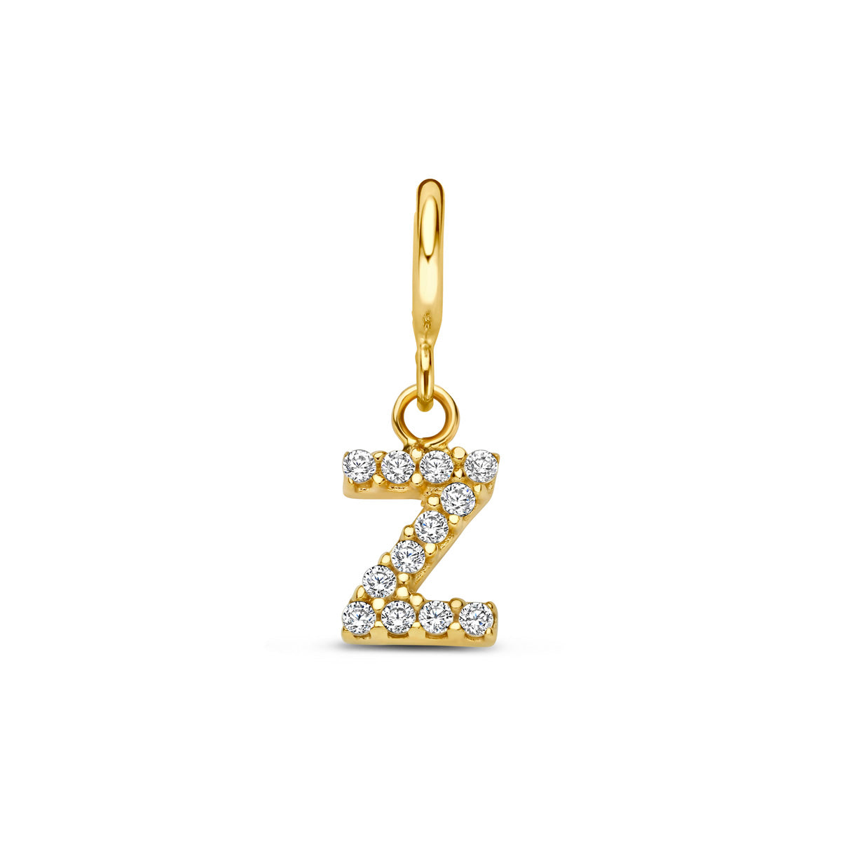 Letter bedel: vooraanzicht van de 9 karaat geelkleurige letter slotbedel met zirkonia, letter Z.
