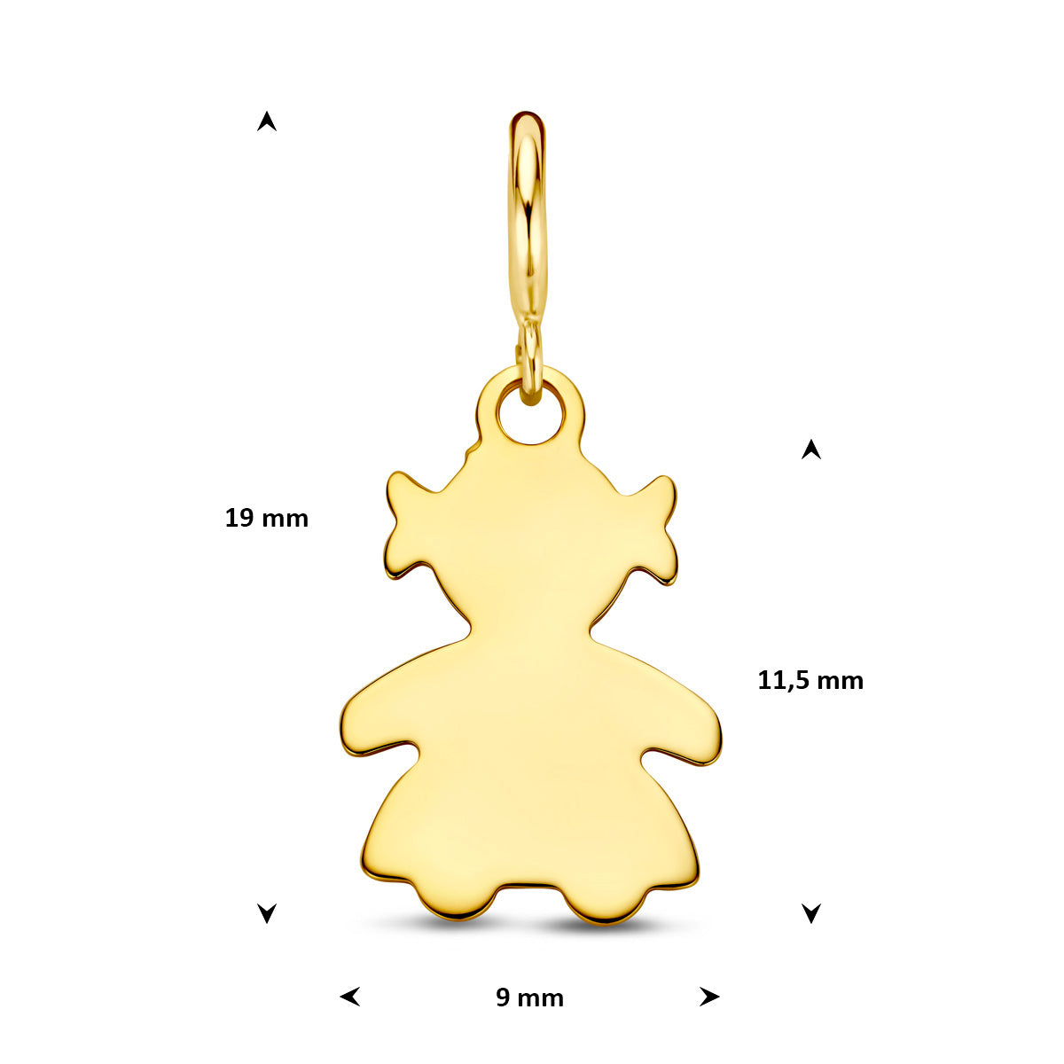 Bedel meisje: afmetingen van de 9 karaat geelkleurige meisje slotbedel, 19,0 mm hoog inclusief oog en 9,0 mm breed.