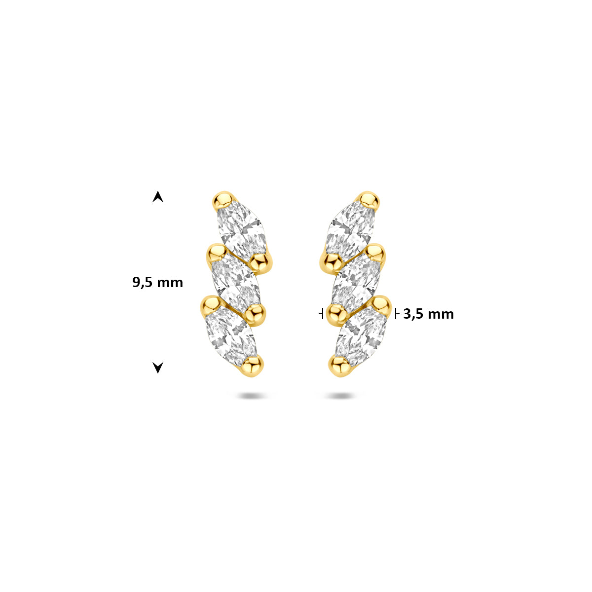 9 karaat oorbellen: afmetingen van de geelkleurige climber oorknopjes met ovale zirkonia van 9 karaat, 9,5 mm hoog en 3,5 mm breed.