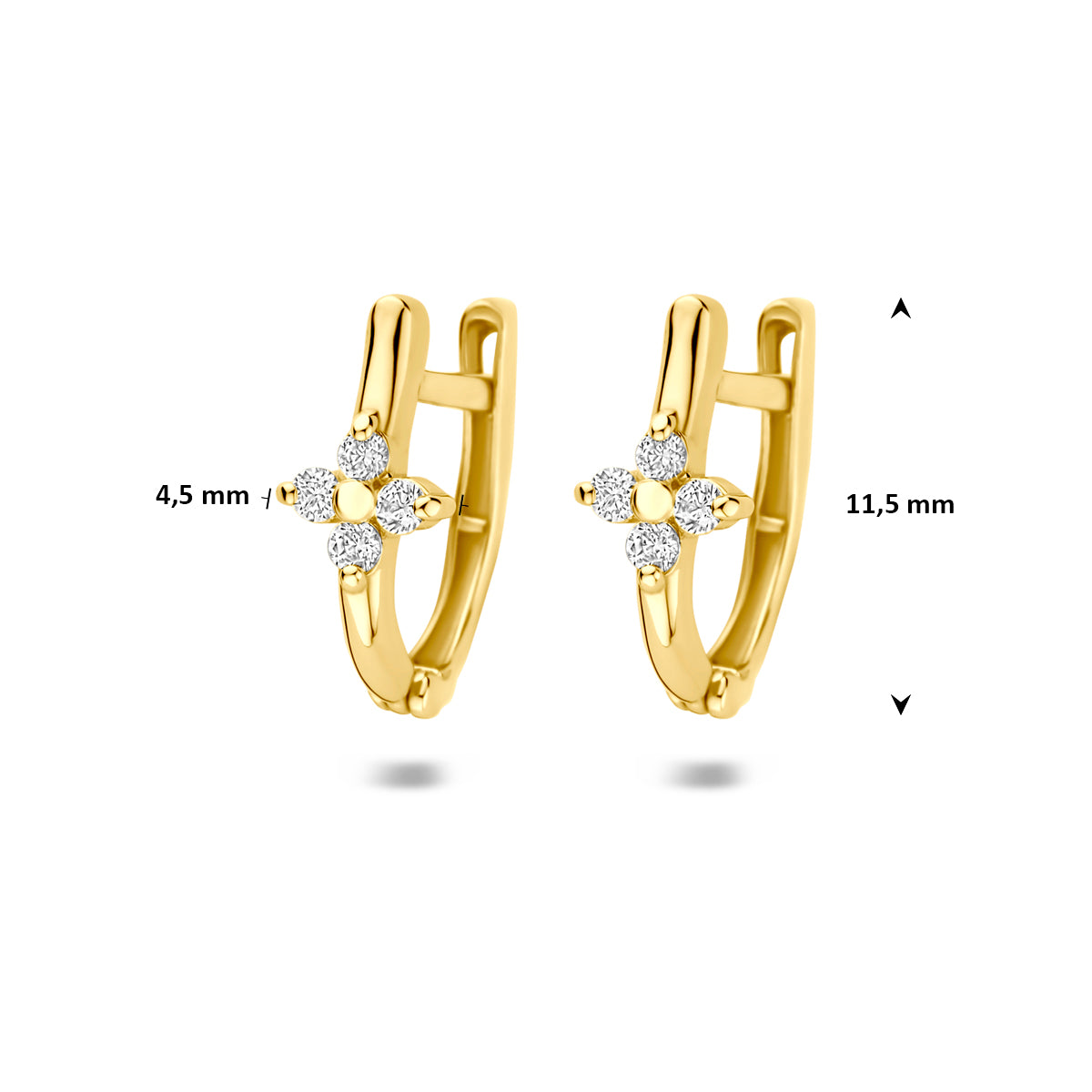 9 karaat oorbellen: afmetingen van de geelkleurige klapoorringen met een bloem van zirkonia van 9 karaat, 11,5 mm hoog en 4,5 mm breed.