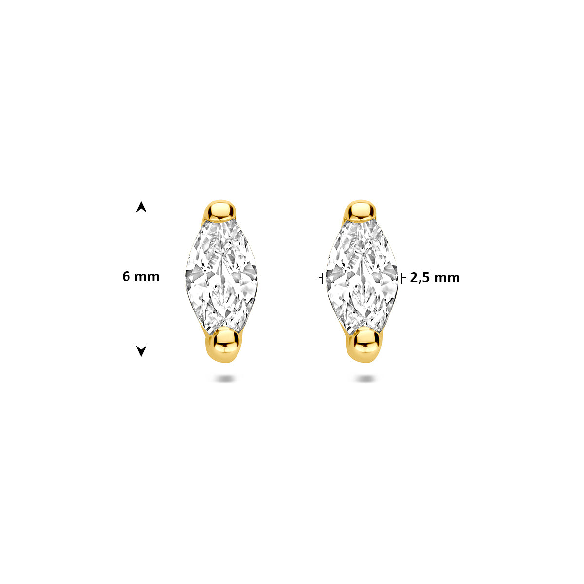 9 karaat oorbellen: afmetingen van de geelkleurige oorknopjes met een ovale zirkonia van 9 karaat, 6 mm hoog en 2,5 mm breed.