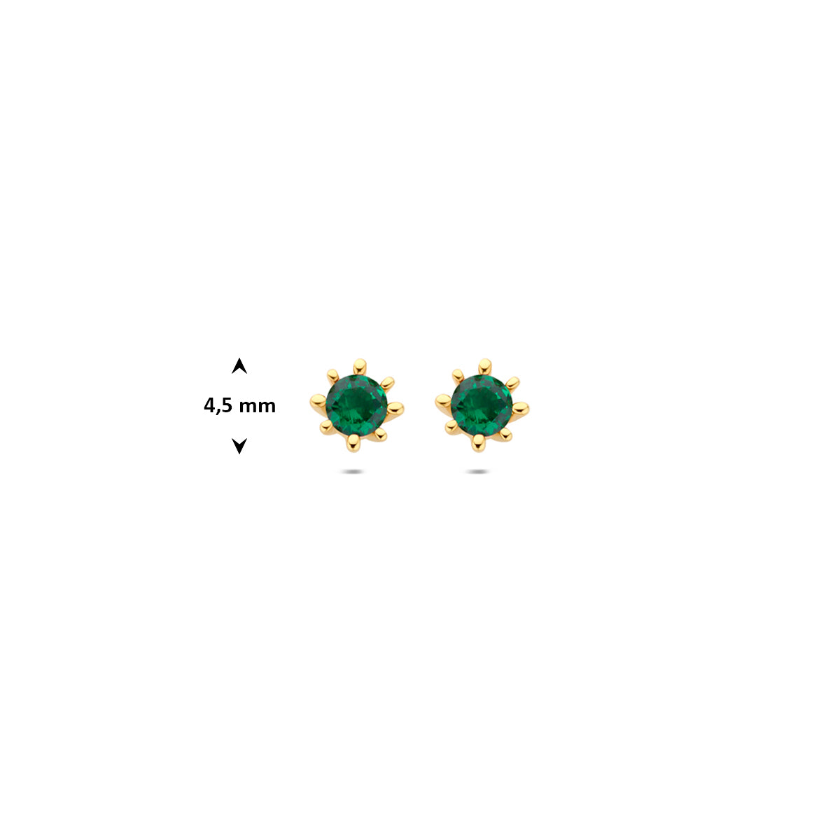 Afmetingen van de geelkleurige 9 karaat oorknopjes met groene zirkonia: 4,5 mm doorsnee.