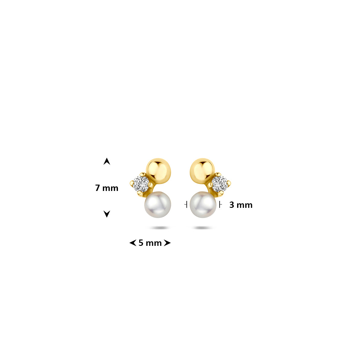 Afmetingen van de geelkleurige oorknopjes met parel en zirkonia van 9 karaat: 7 mm hoog en 5 mm breed, parel 3 mm.