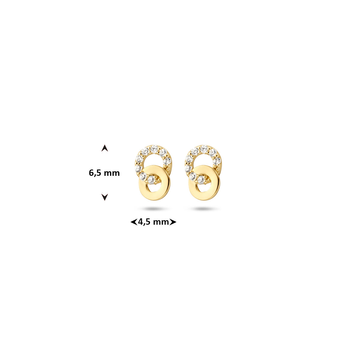 Afmetingen van de geelkleurige oorknopjes met zirkonia van 9 karaat: 6,5 mm hoog en 4,5 mm breed.