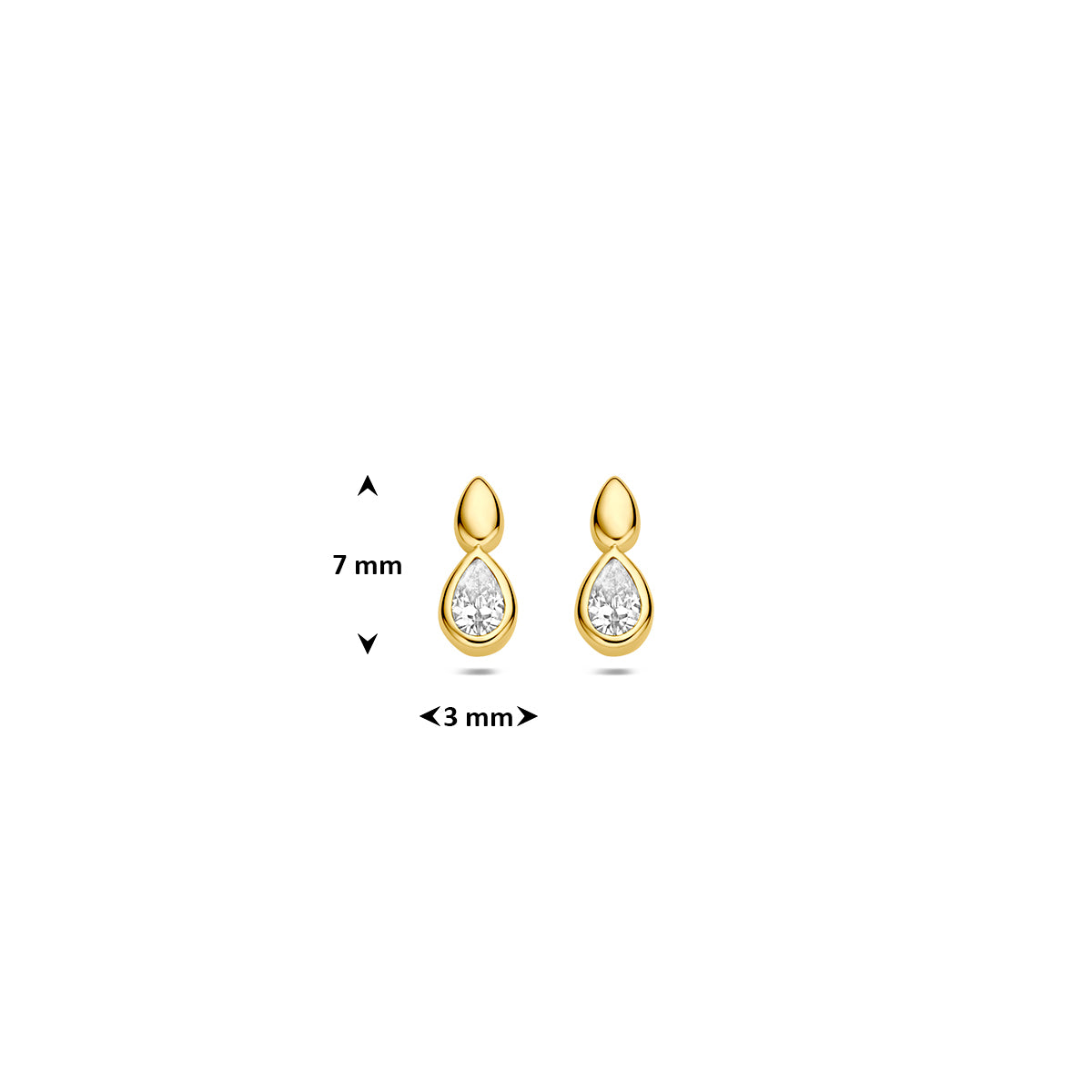 Oorbellen met zirkonia: afmetingen van de 9 karaat geelkleurige oorknopjes met peervormige zirkonia, 7,0 mm hoog en 3,0 mm breed.