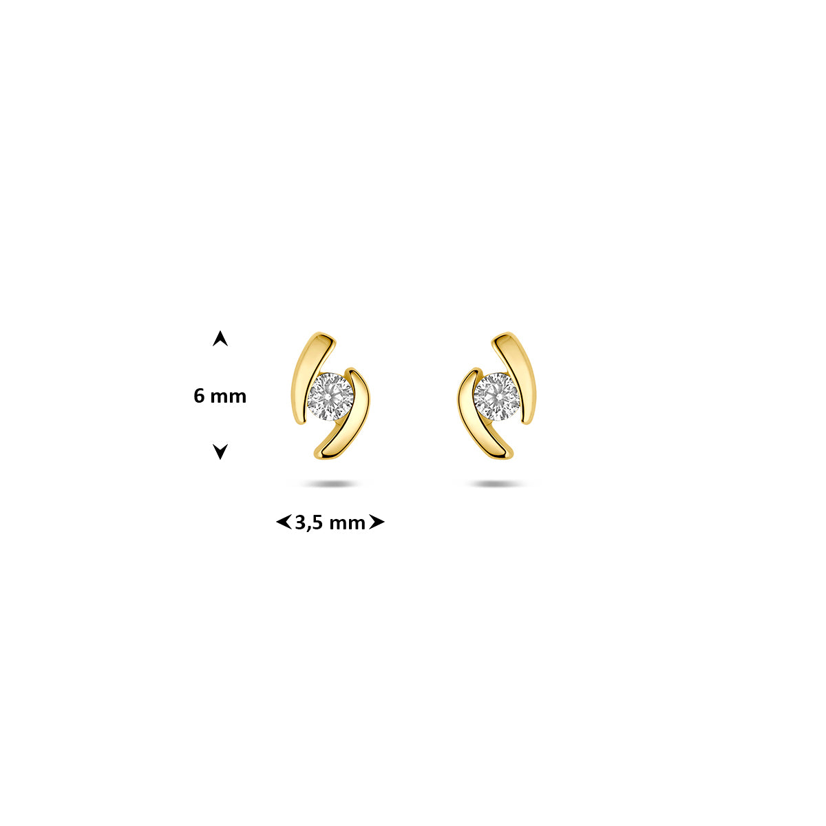 Oorbellen met zirkonia: afmetingen van de 9 karaat geelkleurige oorknopjes met rij zirkonia, 6,0 mm hoog en 3,5 mm breed.