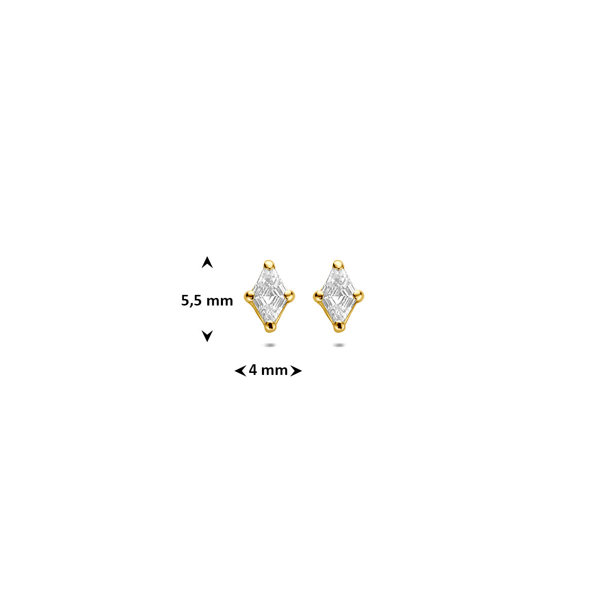 Oorbellen met zirkonia: afmetingen van de 9 karaat geelkleurige oorknopjes met vierkante zirkonia, 5,5 mm hoog en 4,0 mm breed.