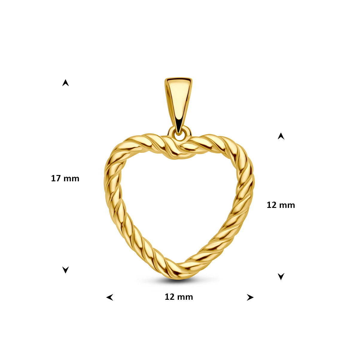 Hartje hanger: afmetingen van de 9 karaat geelkleurige open hartje hanger met gedraaide rand, 17,0 mm hoog inclusief oog en 12,0 mm breed.