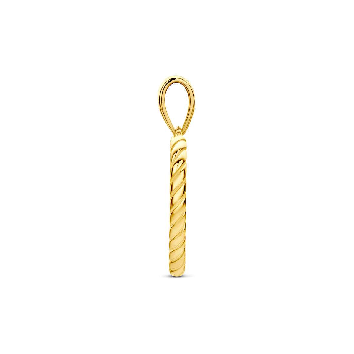 Hartje hanger: zijaanzicht van de 9 karaat geelkleurige open hartje hanger met gedraaide rand.