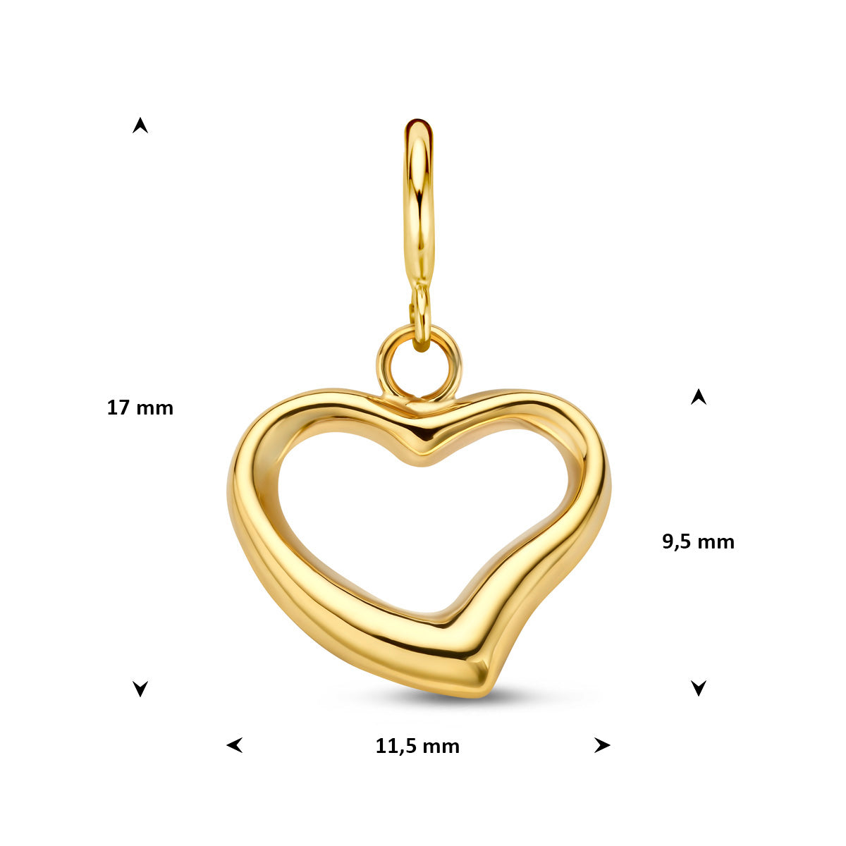 Bedel hartje: afmetingen van de 9 karaat geelkleurige open hartje slotbedel, 17,0 mm hoog inclusief oog en 11,5 mm breed.