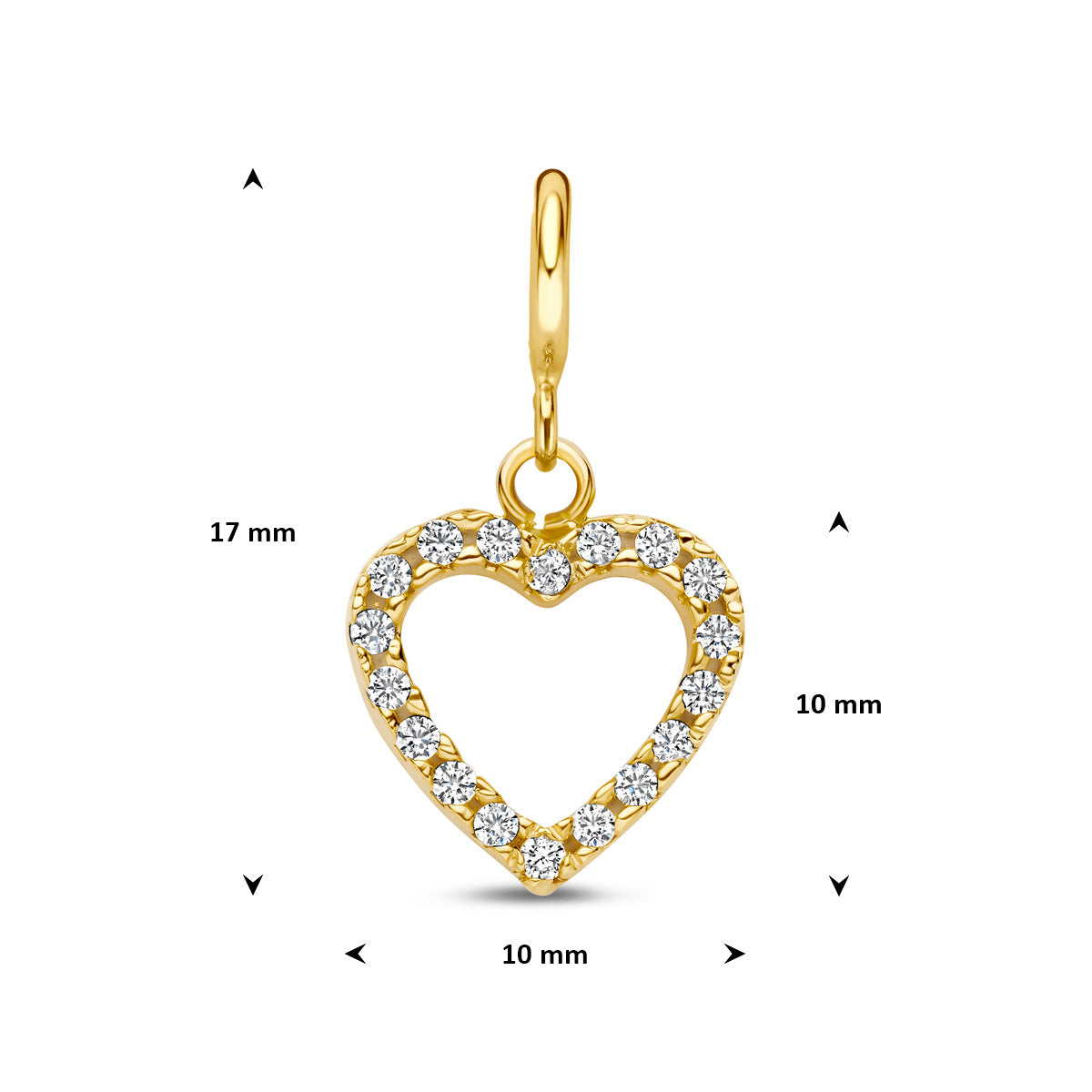 Bedel hartje: afmetingen van de 9 karaat geelkleurige open hartje slotbedel met zirkonia, 17,0 mm hoog inclusief oog en 10,0 mm breed.