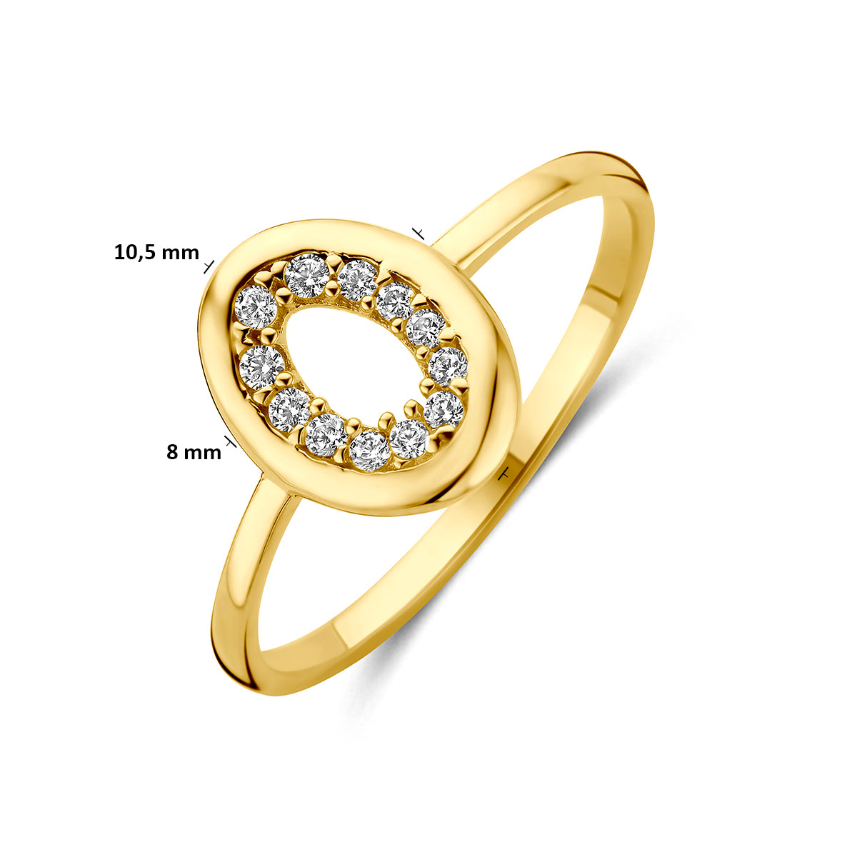 Ring met zirkonia: schuin bovenaanzicht met afmetingen van de 9 karaat geelkleurige open ovale ring met zirkonia, 8,0 mm breed.