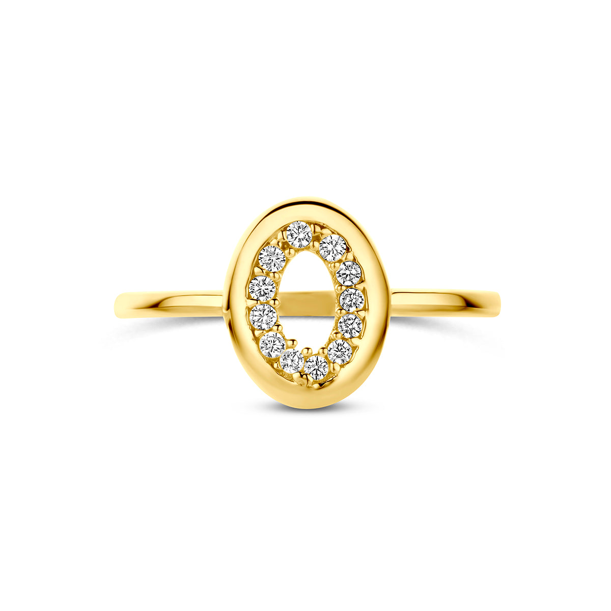 Ring met zirkonia: bovenaanzicht van de 9 karaat geelkleurige open ovale ring met zirkonia.