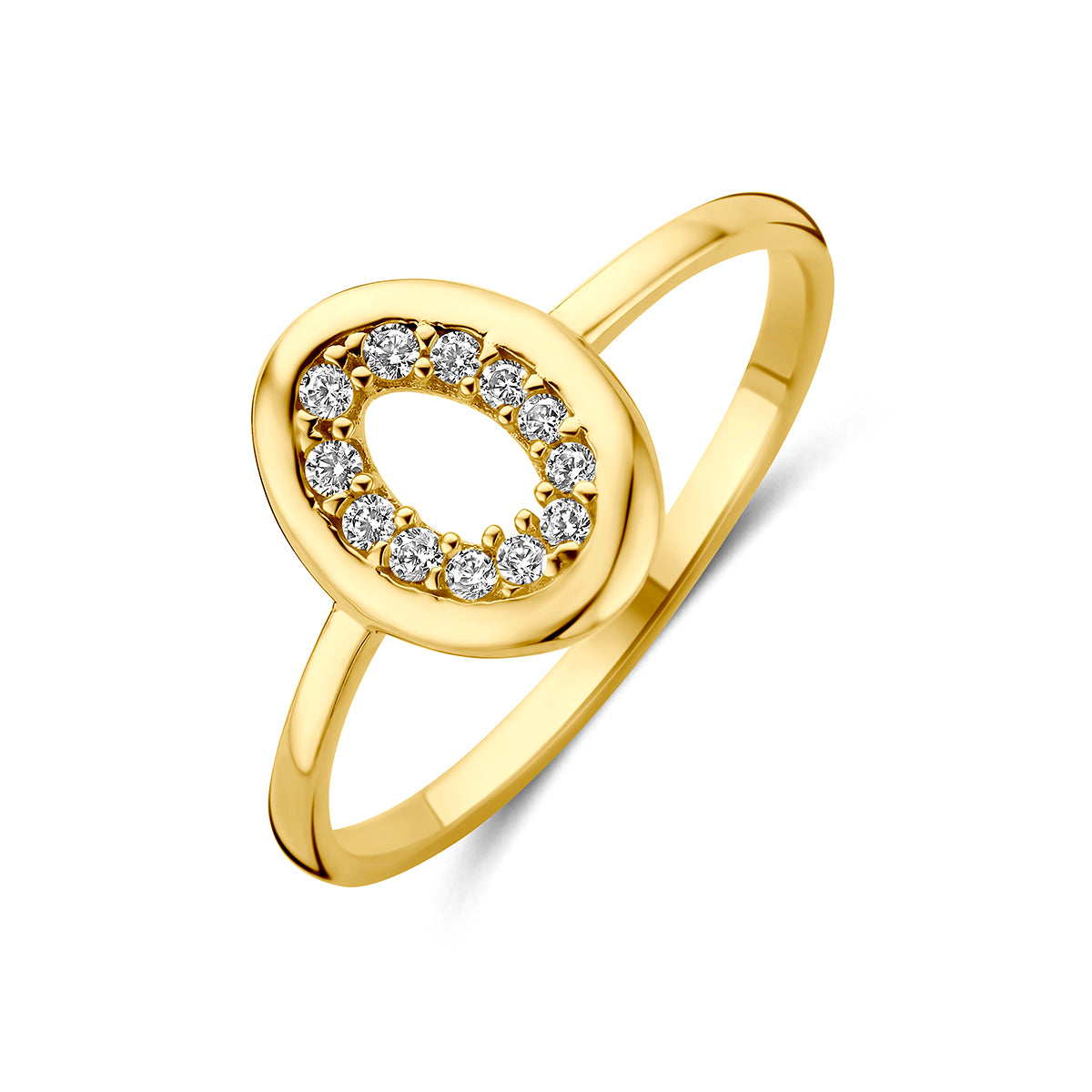 Ring met zirkonia: schuin bovenaanzicht van de 9 karaat geelkleurige open ovale ring met zirkonia.