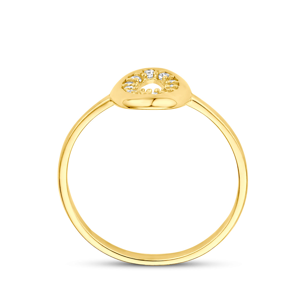 Ring met zirkonia: zijaanzicht van de 9 karaat geelkleurige open ovale ring met zirkonia.