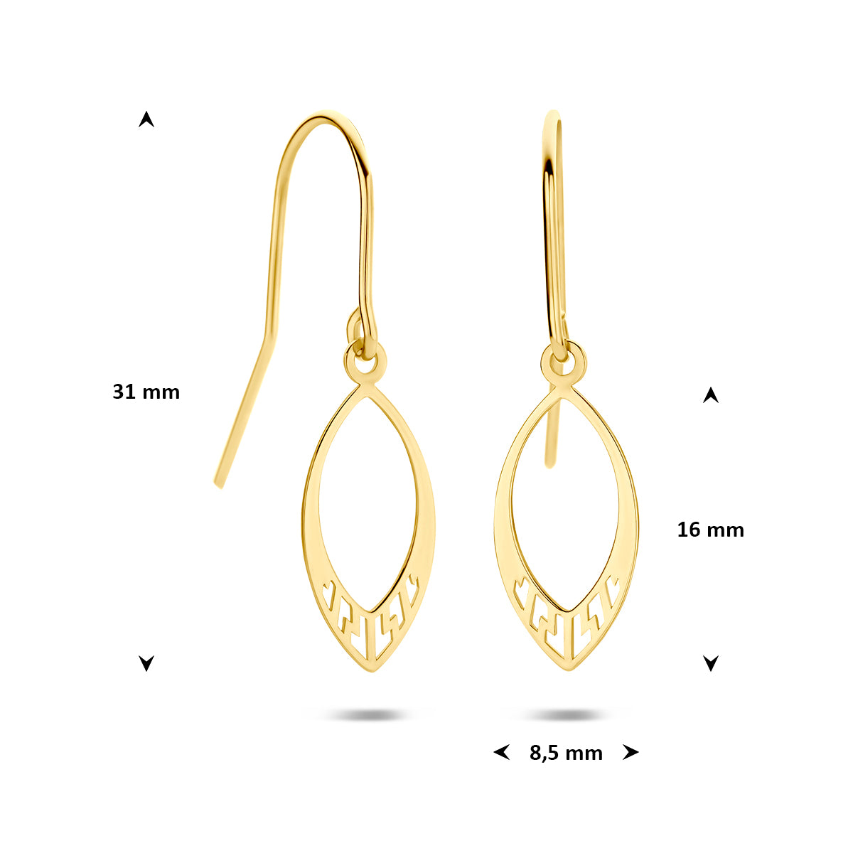 9 karaat oorbellen: afmetingen van de 9 karaat geelkleurige opengewerkte oorhangers, 31,0 mm hoog en 8,5 mm breed.