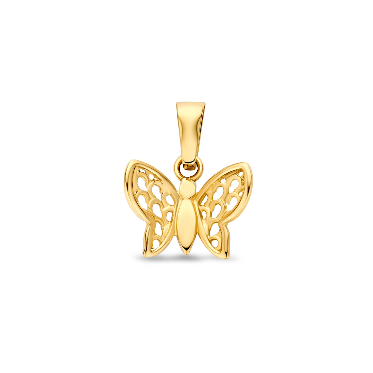 Vooraanzicht van de 9 karaat geelkleurige opengewerkte vlinder hanger, 10,5 mm hoog en 13 mm breed.