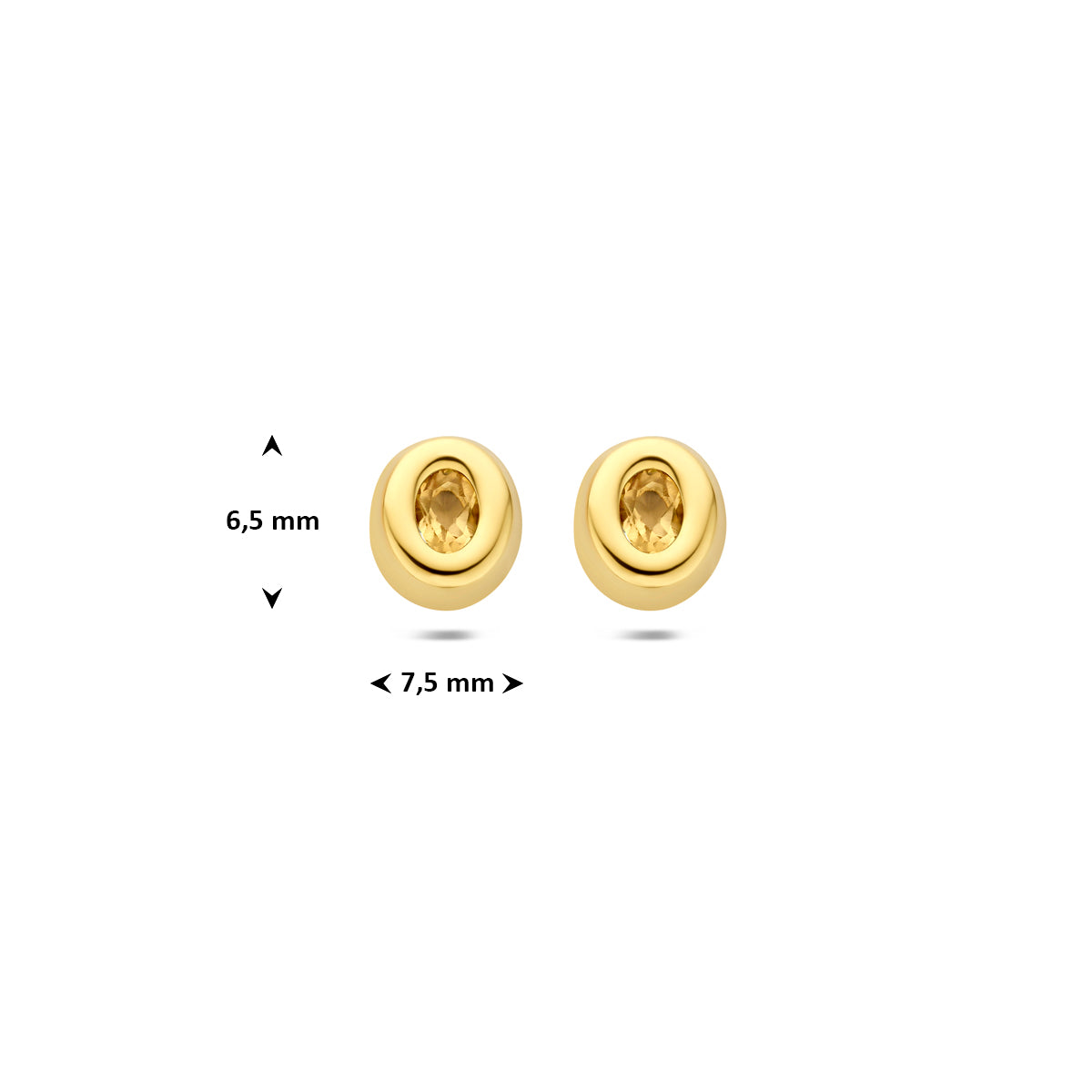 Technische afbeelding van de 9 karaat geelkleurige ovale citrien oorknopjes met afmetingen, 6,5 mm hoog en 7,5 mm breed.