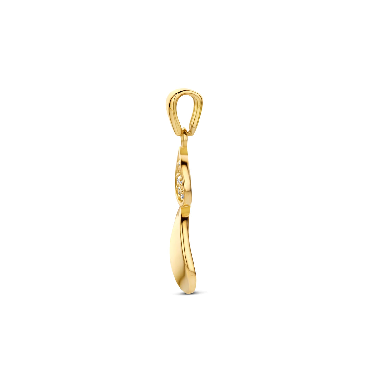 Zijaanzicht van de 9 karaat geelkleurige ovale hanger met zirkonia, zodat de diepte van de hanger zichtbaar is.