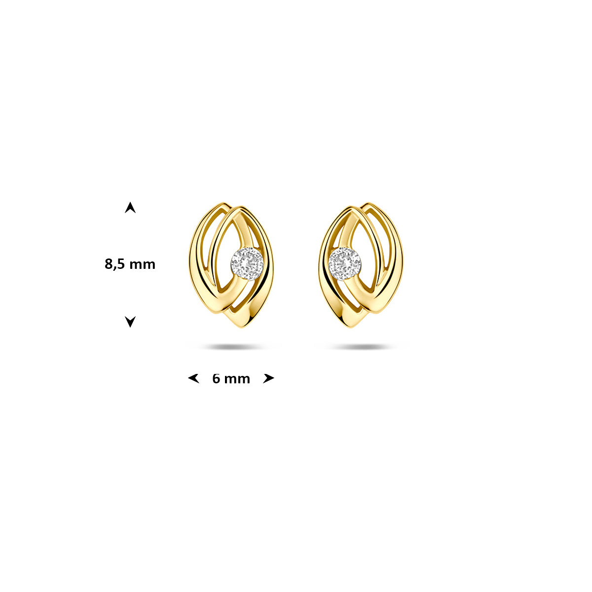 Oorbellen met zirkonia: afmetingen van de 9 karaat geelkleurige ovale oorknopjes met zirkonia, 8,5 mm hoog en 6,0 mm breed.