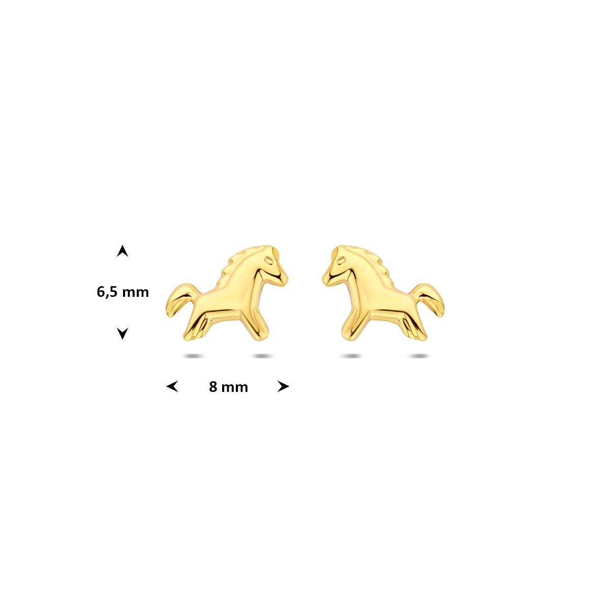 Afmetingen van de geelkleurige 9 karaat paardje kinderoorknopjes: 6,5 mm hoog en 8 mm breed.
