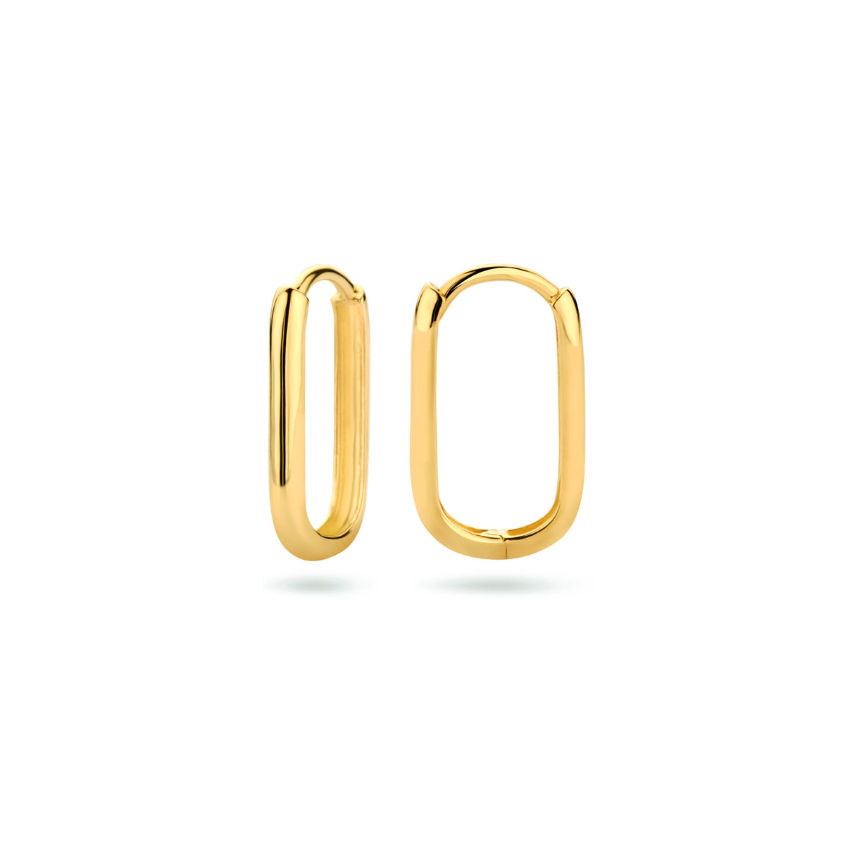 Voor- en zijaanzicht van de geelkleurige 9 karaat paperclip klapoorringen.
