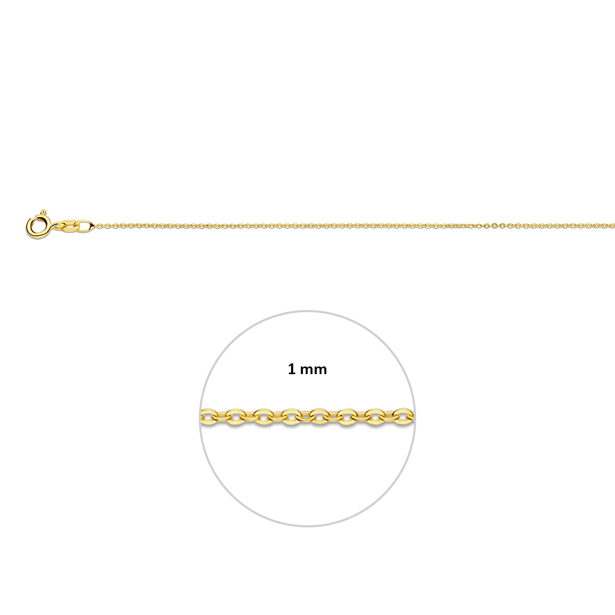 9 karaat ketting: 9 karaat geelkleurige platte anker halsketting, met de schakelbreedte van 1,0 mm aangegeven