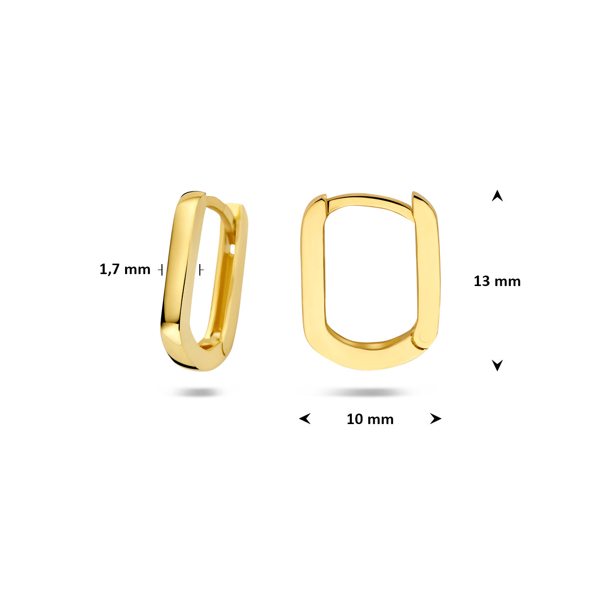 Afmetingen van de geelkleurige rechthoekige klapoorringen van 9 karaat: 13 mm hoog, 10 mm breed en 1,7 mm dik.