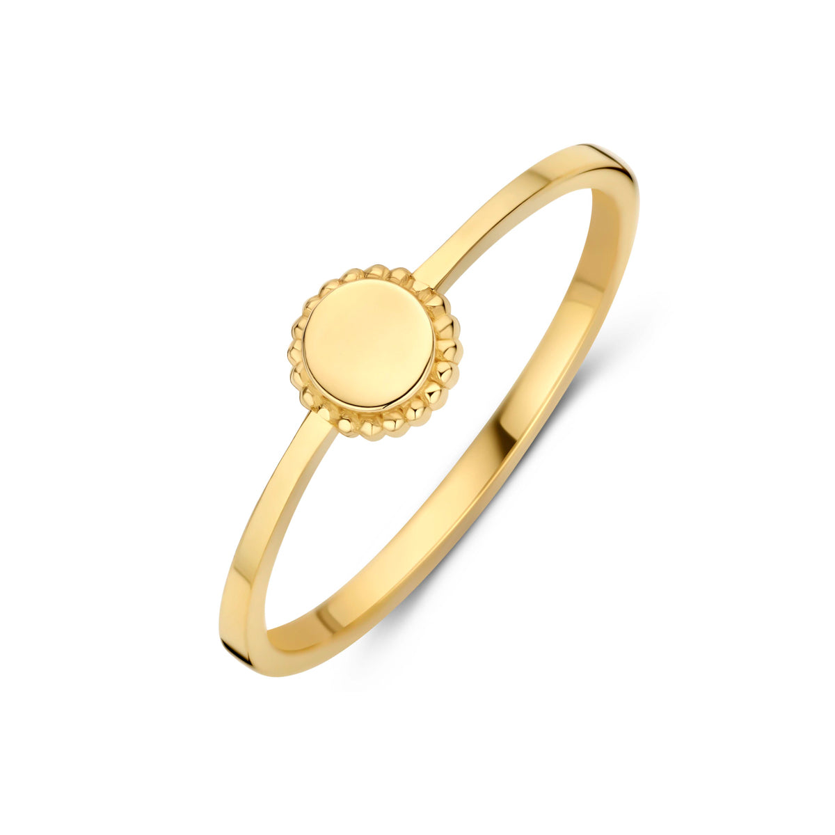 Schuin bovenaanzicht van de geelkleurige 9 karaat ring met rond plaatje.