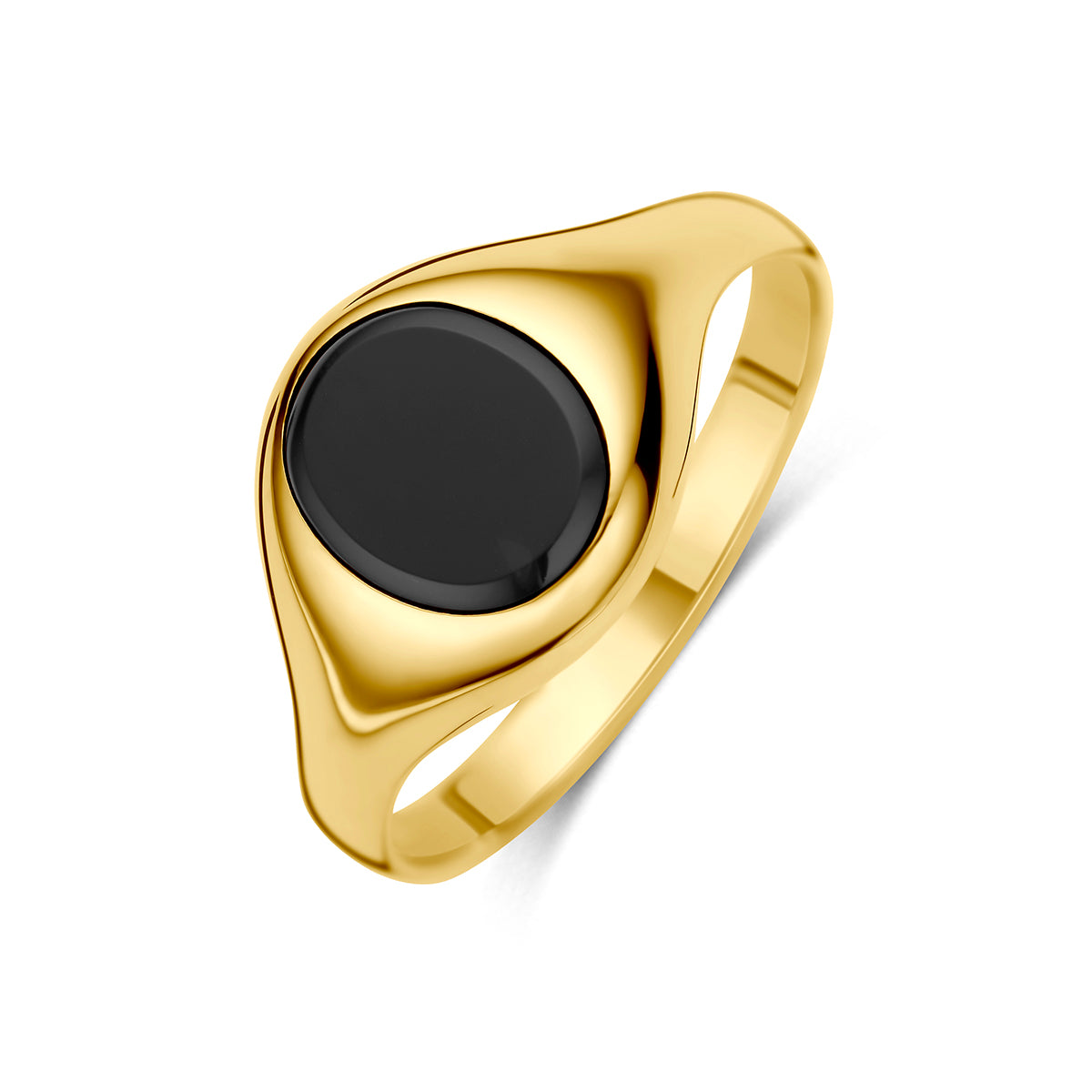 Schuin bovenaanzicht van de 9 karaat geelkleurige ring met zwarte onyx, 10 mm breed.