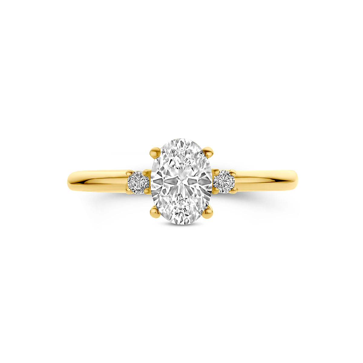 Ring met zirkonia: bovenaanzicht van de 9 karaat geelkleurige ring met ovale zirkonia.