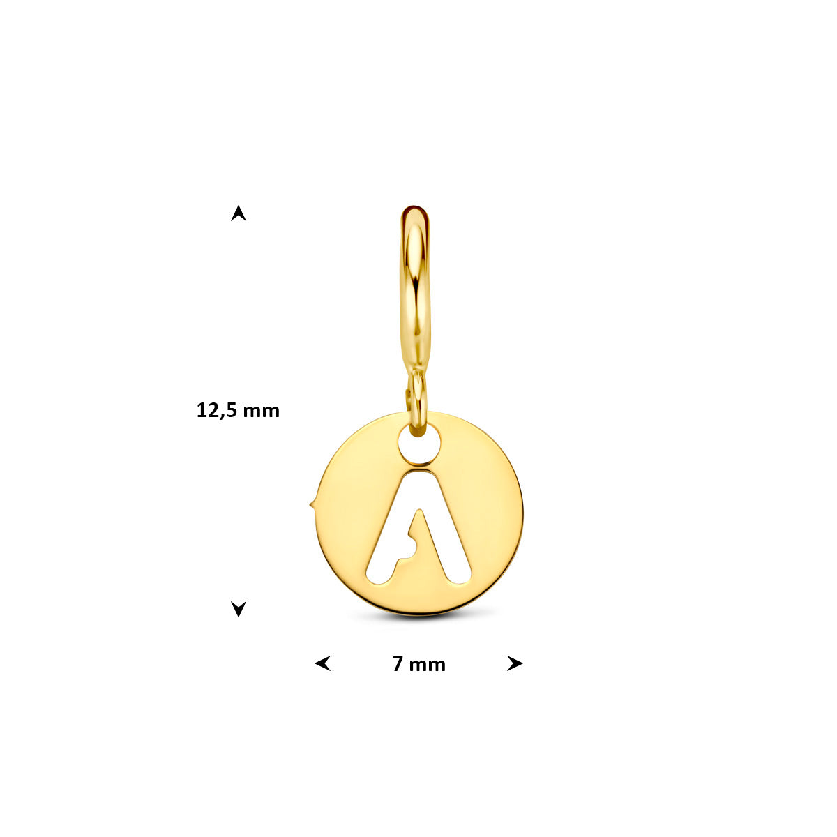 Letter bedel: afmetingen van de 9 karaat geelkleurige ronde letter slotbedel, letter A, 12,5 mm hoog inclusief oog en 7,0 mm doorsnee.