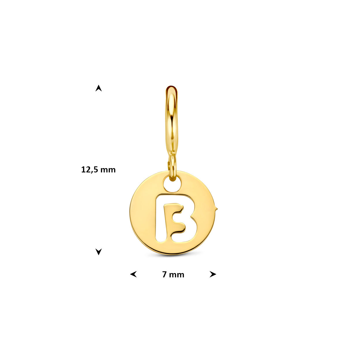 Letter bedel: afmetingen van de 9 karaat geelkleurige ronde letter slotbedel, letter B, 12,5 mm hoog inclusief oog en 7,0 mm doorsnee.