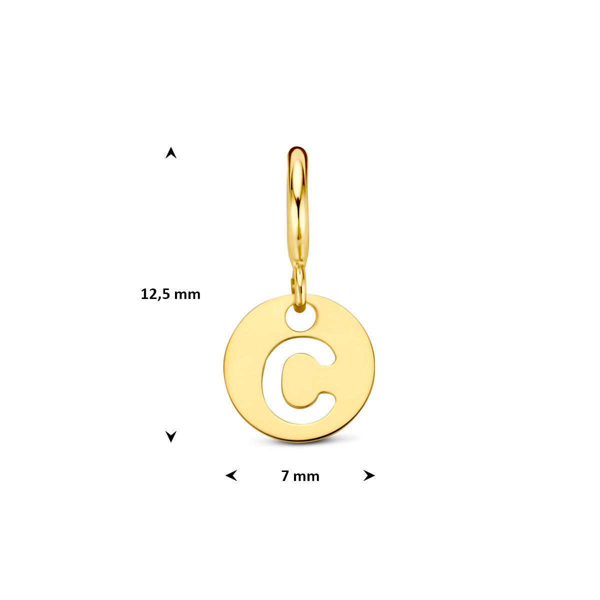 Letter bedel: afmetingen van de 9 karaat geelkleurige ronde letter slotbedel, letter C, 12,5 mm hoog inclusief oog en 7,0 mm doorsnee.