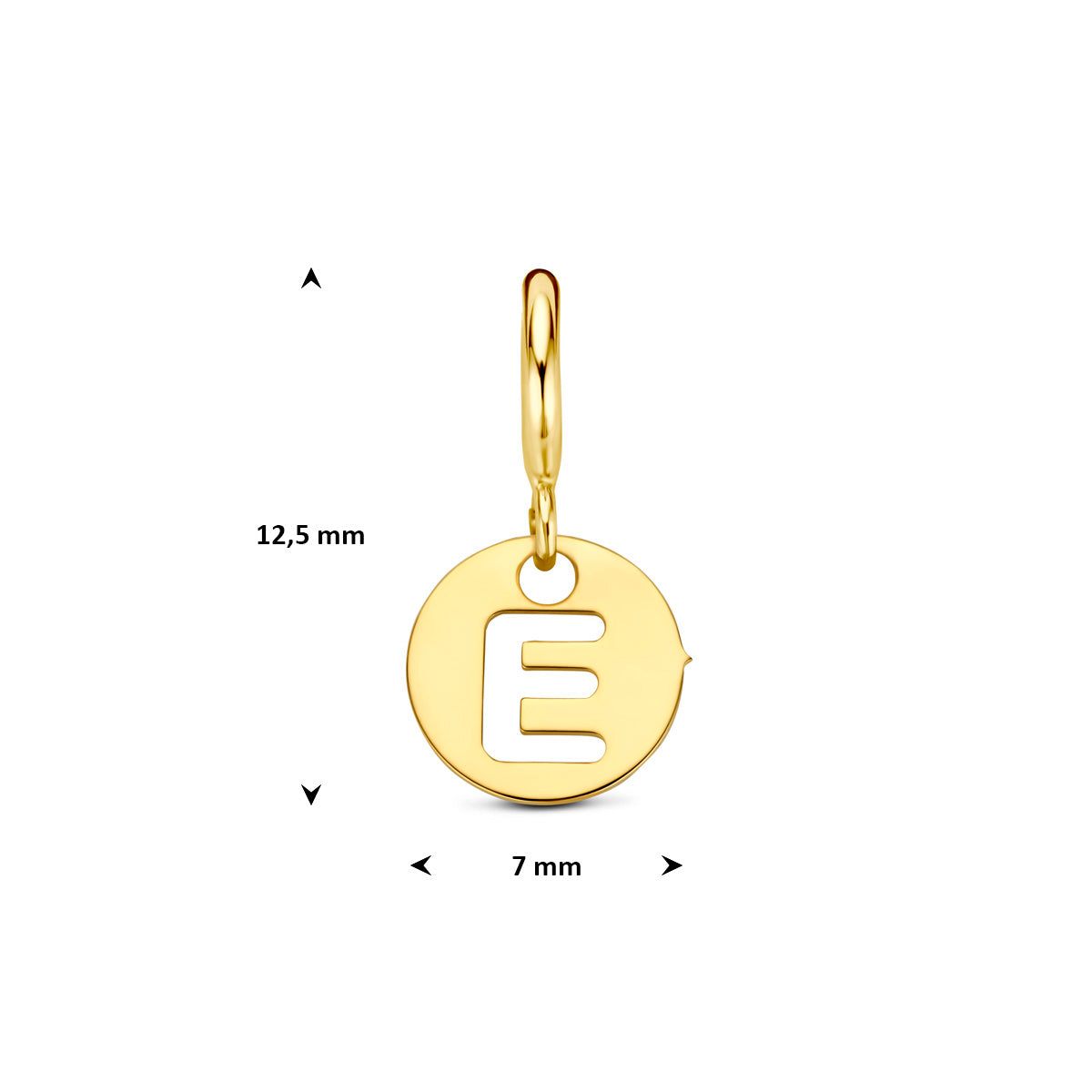 Letter bedel: afmetingen van de 9 karaat geelkleurige ronde letter slotbedel, letter E, 12,5 mm hoog inclusief oog en 7,0 mm doorsnee.