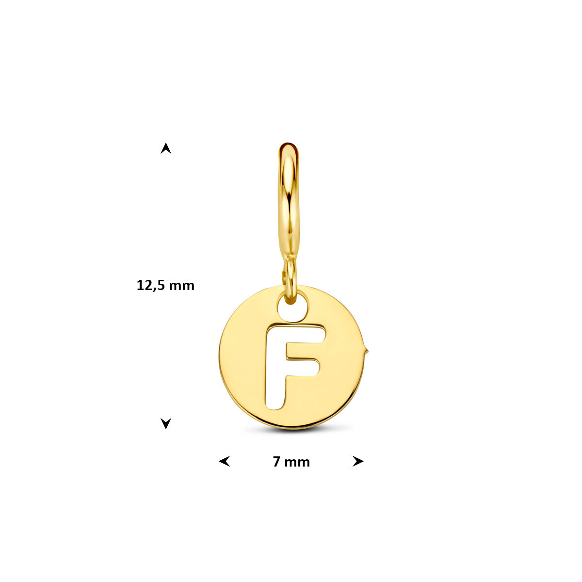 Letter bedel: afmetingen van de 9 karaat geelkleurige ronde letter slotbedel, letter F, 12,5 mm hoog inclusief oog en 7,0 mm doorsnee.