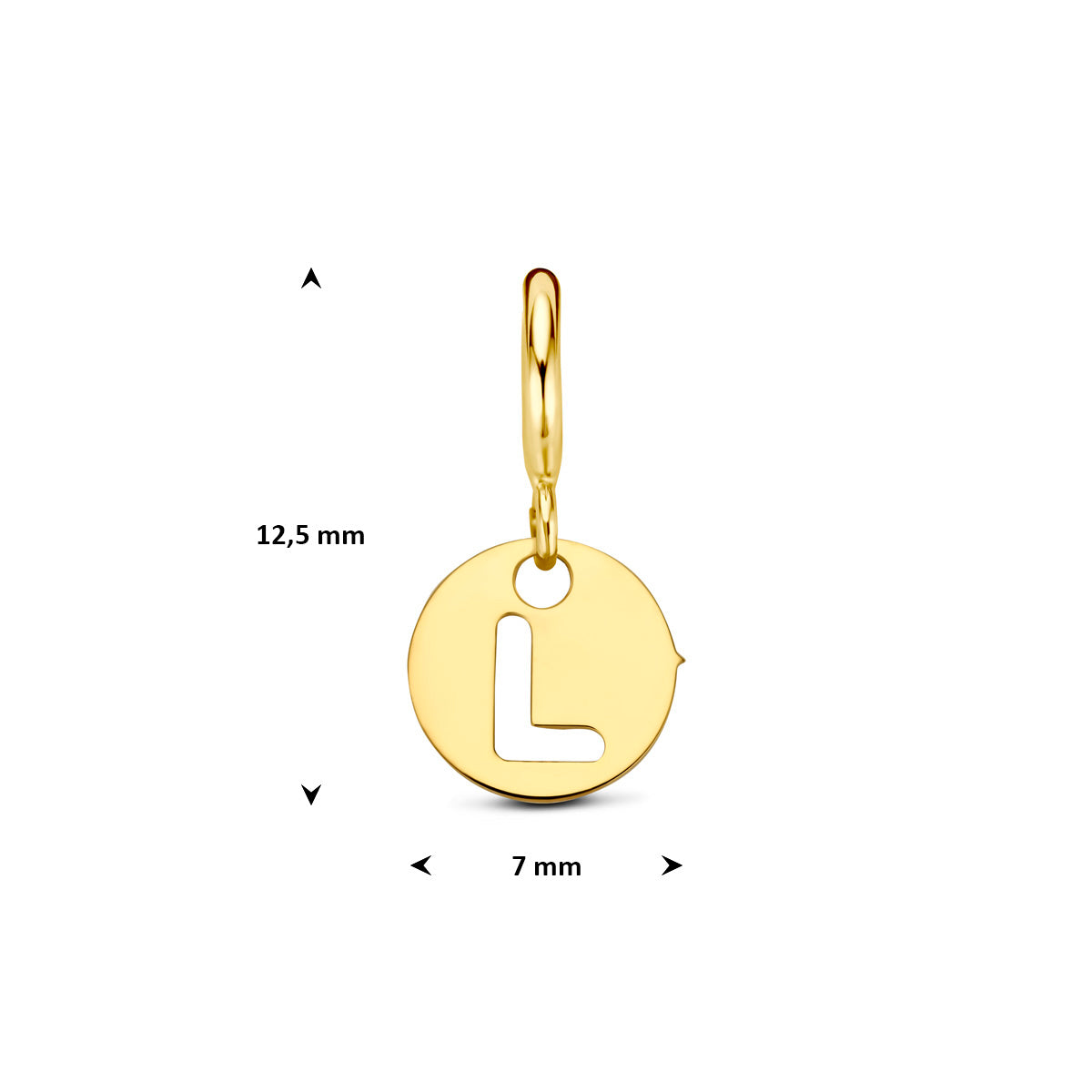 Letter bedel: afmetingen van de 9 karaat geelkleurige ronde letter slotbedel, letter L, 12,5 mm hoog inclusief oog en 7,0 mm doorsnee.